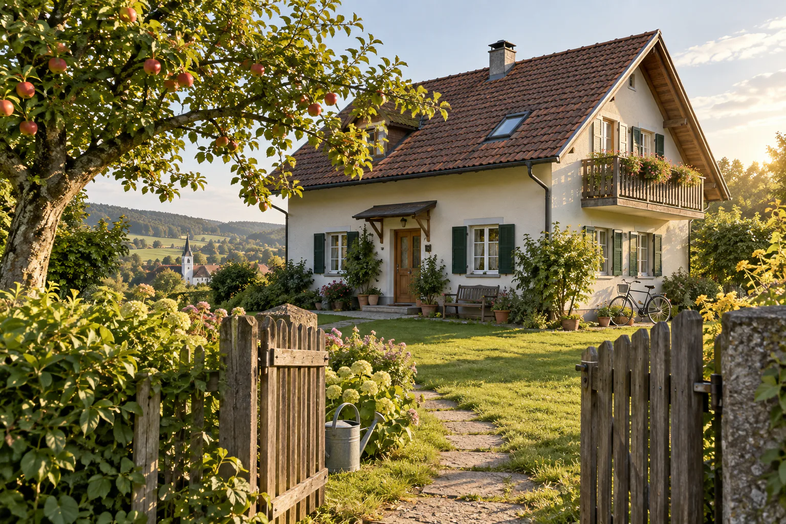 Gepflegtes österreichisches Wohnhaus mit Obstbaum und offenem Gartentor