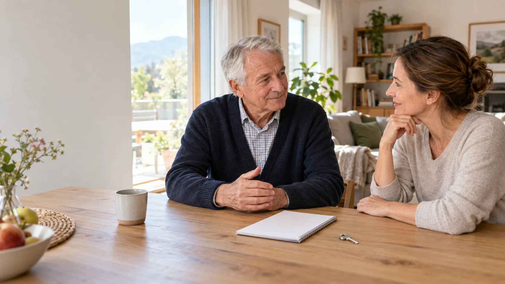 Vater und erwachsene Tochter sprechen an einem Holztisch über das Zuhause